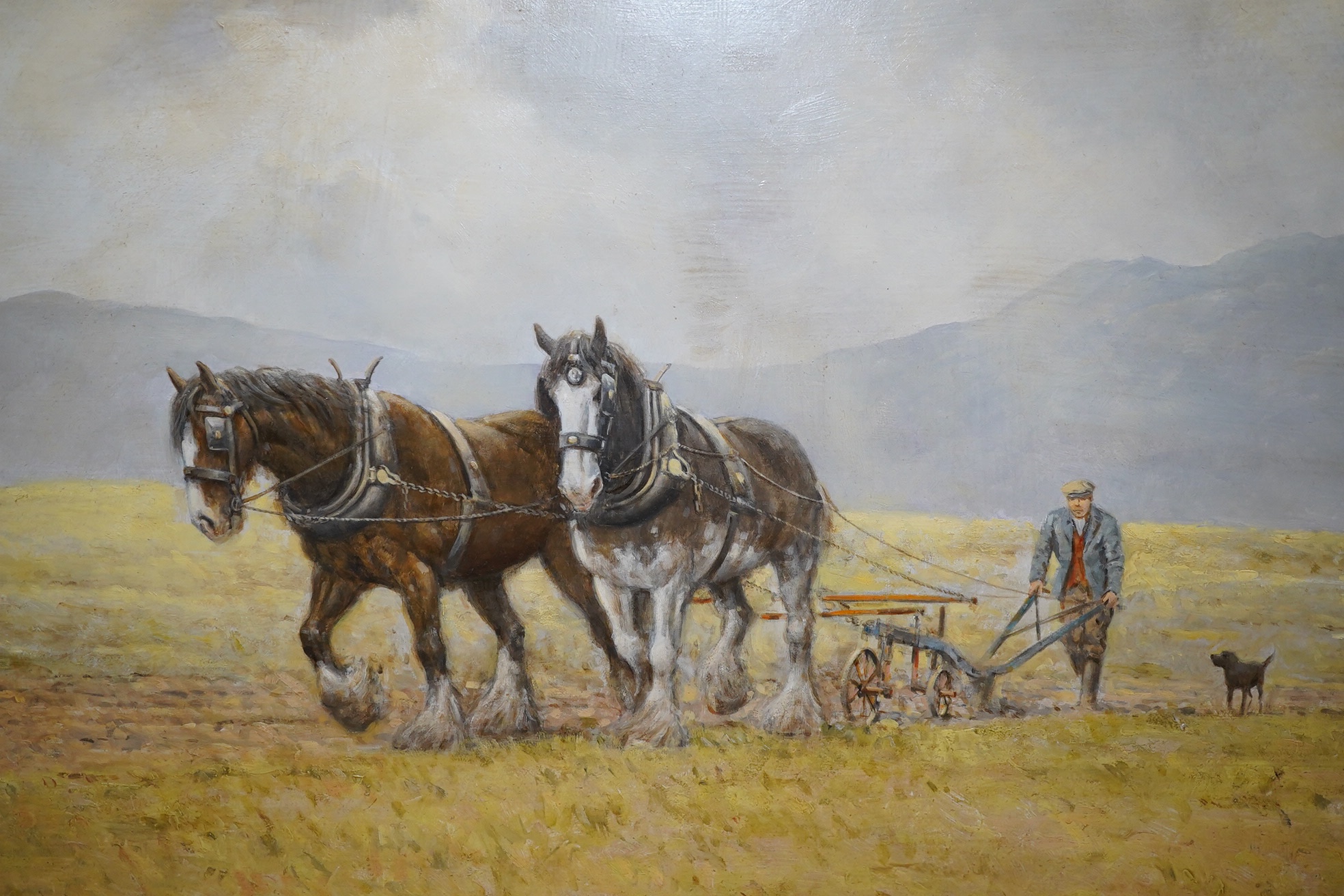 John Chapman (b.1946), pair of oils on board, Plough horses including ‘Spring Corn Drilling’, each signed, 29 x 60cm, ornate gilt framed. Condition - good